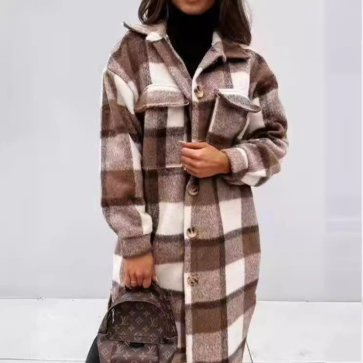 Women's Plaid Oversized Shirt Coat with Pockets