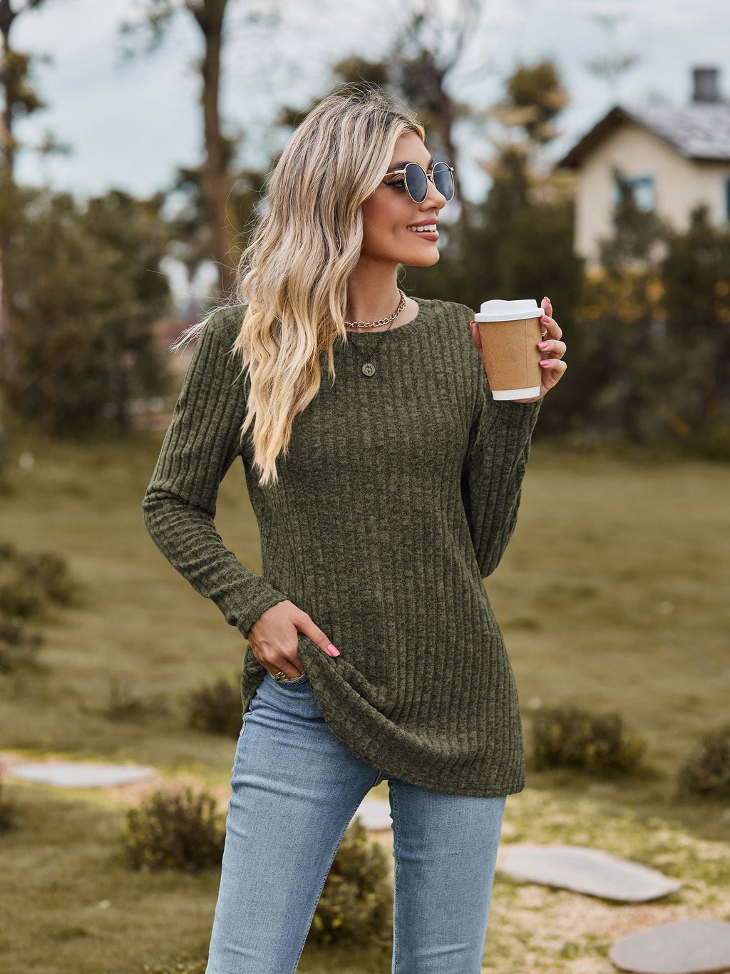 Women's Fine Knit Sweater with Ribbed Design and Relaxed Fit