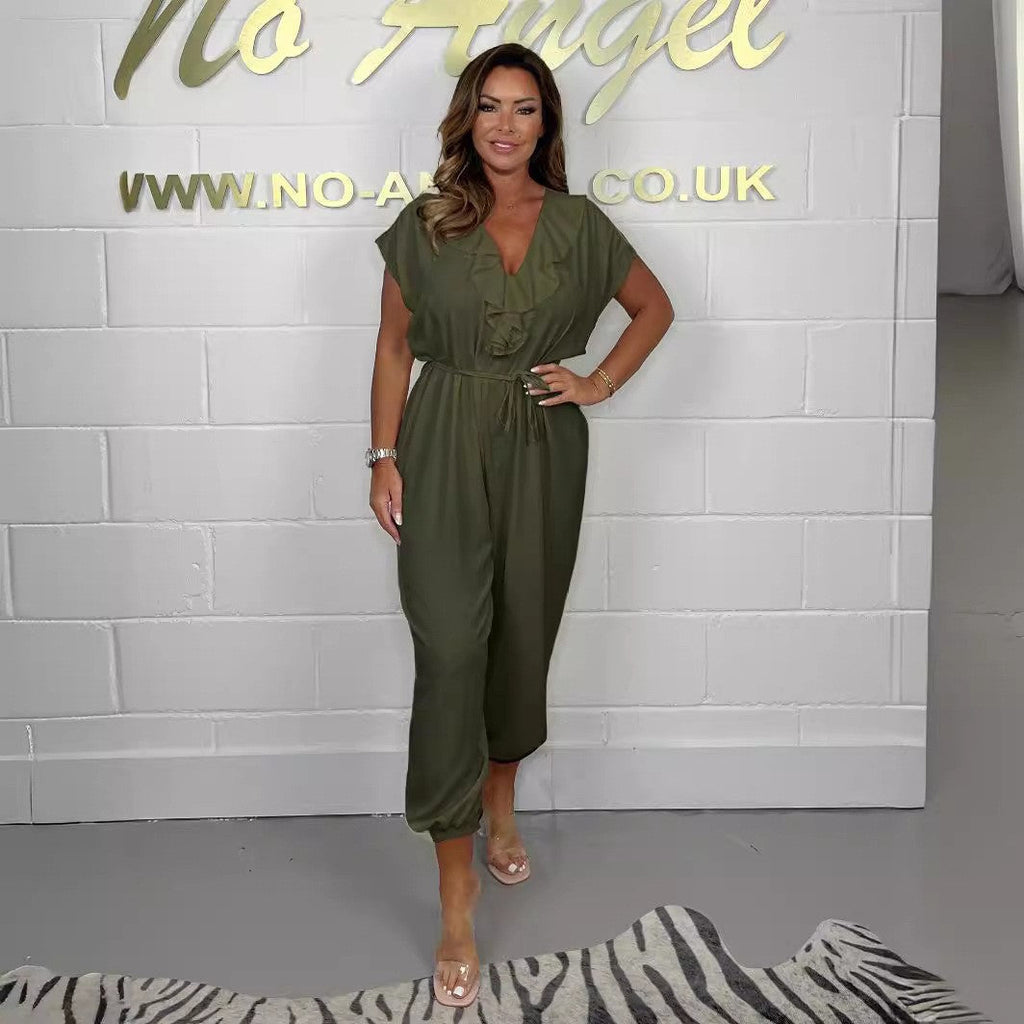 Women's Elegant Overall with V-Neck and Casual Half-Sleeves