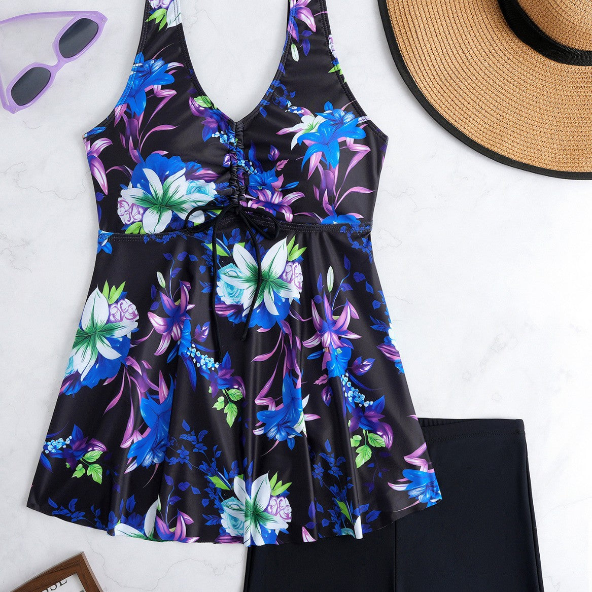 Women's Swimsuit with Adjustable Drawstring and Floral Design