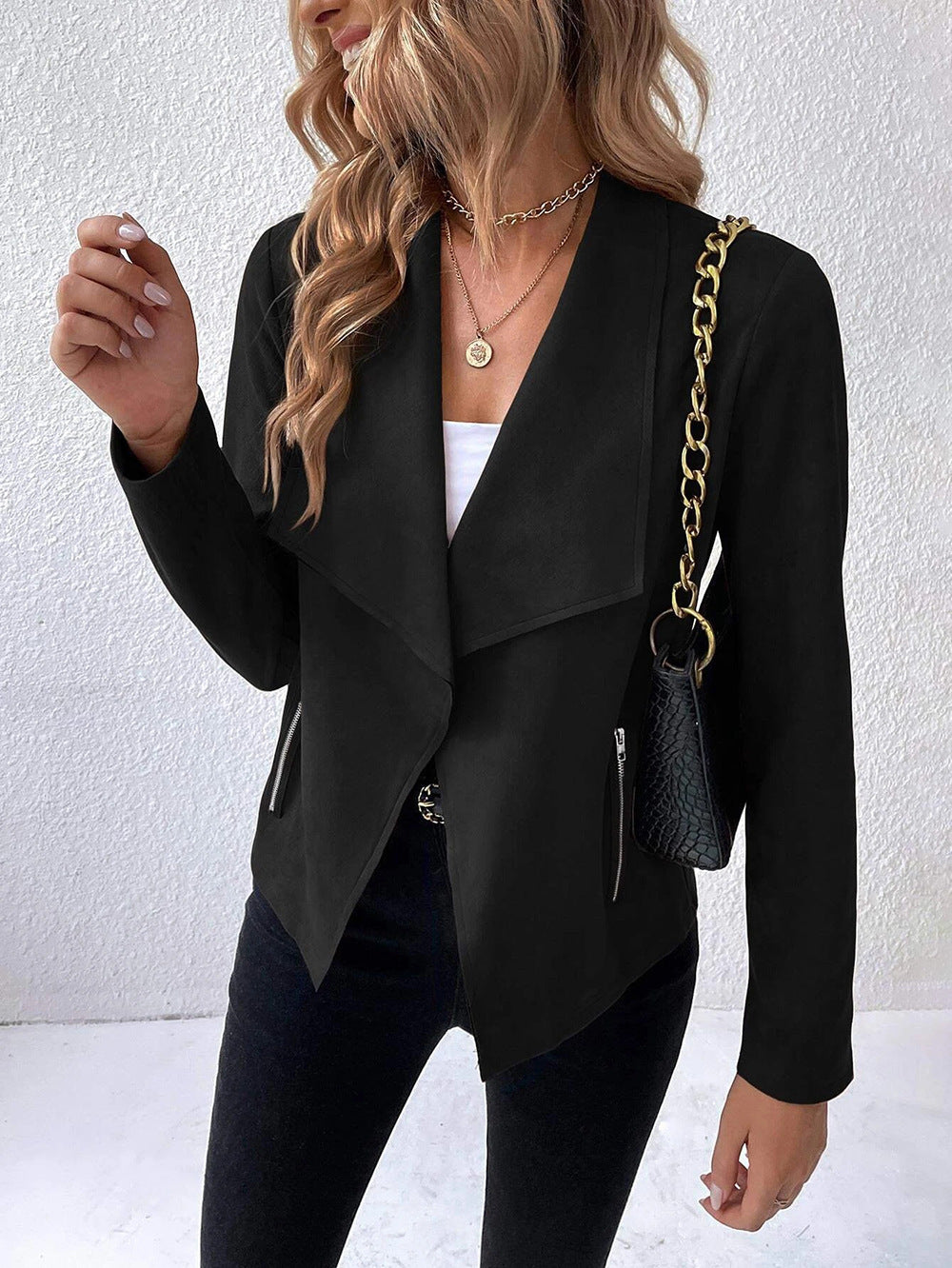 Women's Elegant Velour Jacket with Asymmetric Lapel and Zipper Pockets