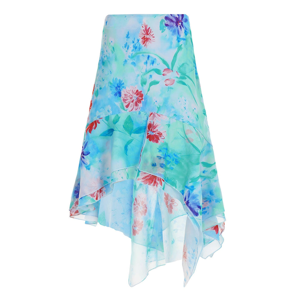 Women's Asymmetrical Floral Chiffon Ruffle Skirt