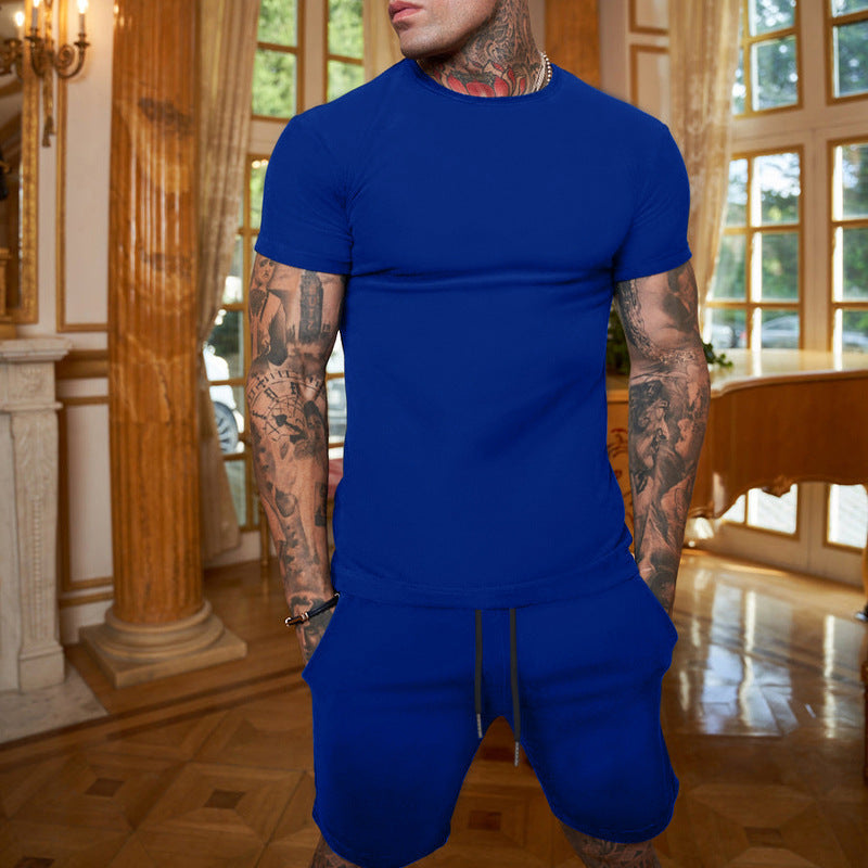 Men's slim Jersey set with round neck shirt and elastic drawstring shorts