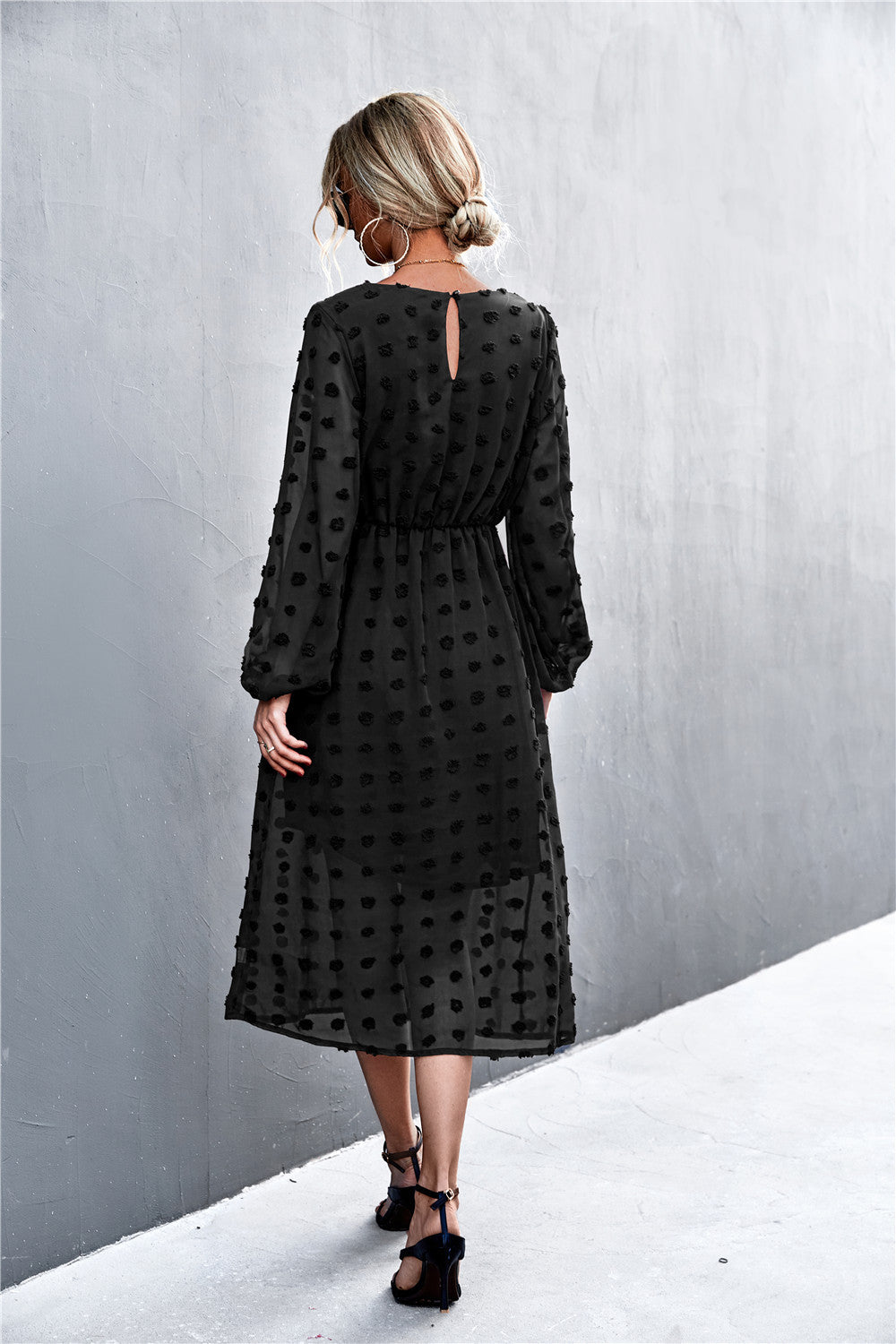 Chiffon Dress with Textured Pattern and Belt