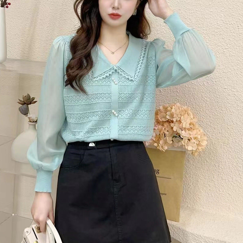 Blouse with Lace Collar and Decorative Buttons