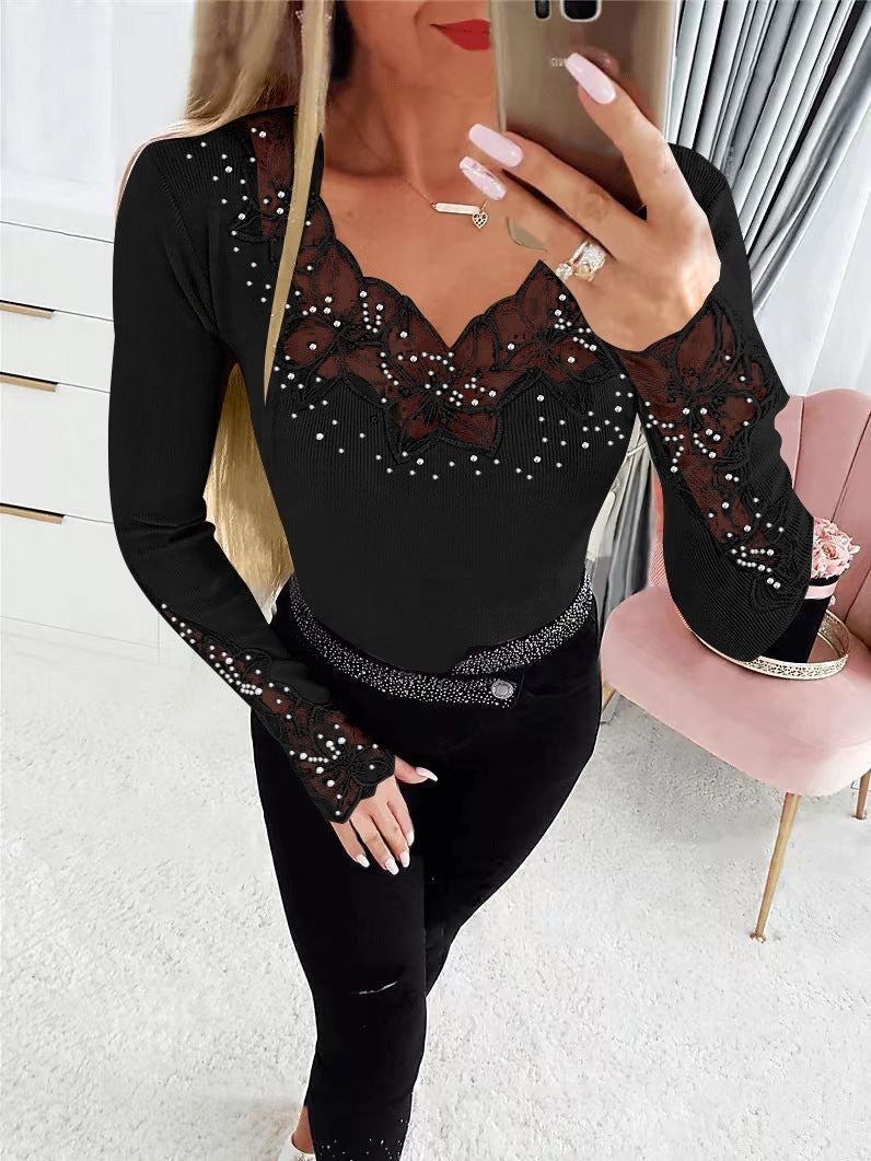 Women's Elegant Shirt with Floral Lace Appliqués and Sparkling Details