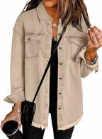 Casual Denim Shirt with Frayed Hems and Chest Pockets