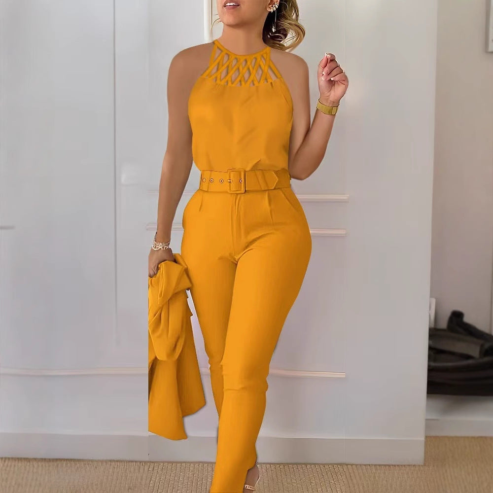 Elegant Jumpsuit with Braided Strap System and Fitted Cut
