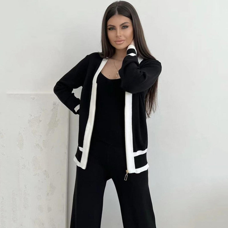 Women's Casual Knit Loungewear Set with Zip Cardigan and Wide-Leg Pants