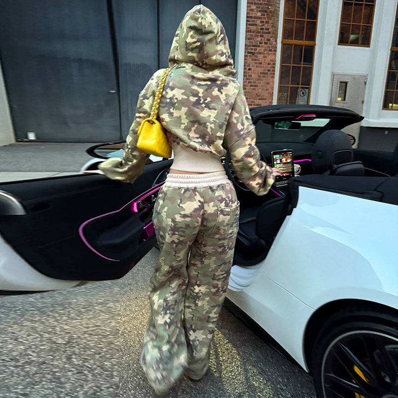 Unformal Contrast Color Overall Hoodie Long Sleeve Sweatshirt Pants Two Piece Camouflage Cardigan Pants Set