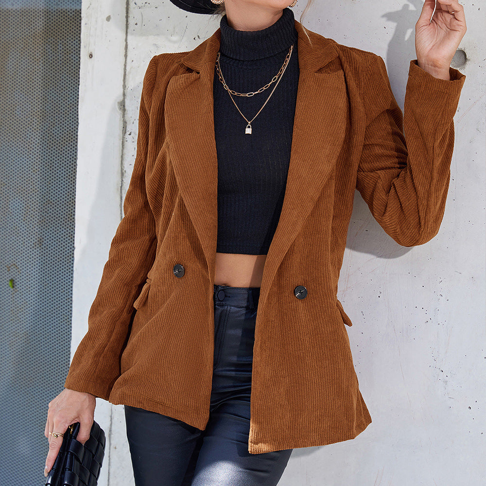 Women's Corduroy Jacket with Double-Button Design and Side Pockets