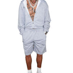 Men's sweat shorts set with zip hoodie and elastic drawstring