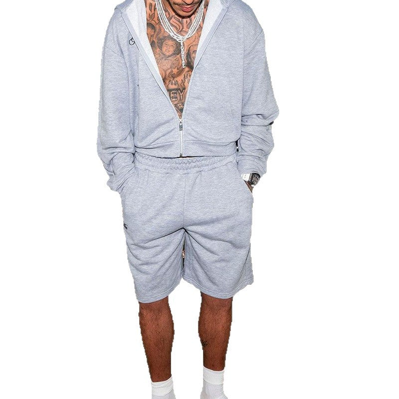 Men's sweat shorts set with zip hoodie and elastic drawstring