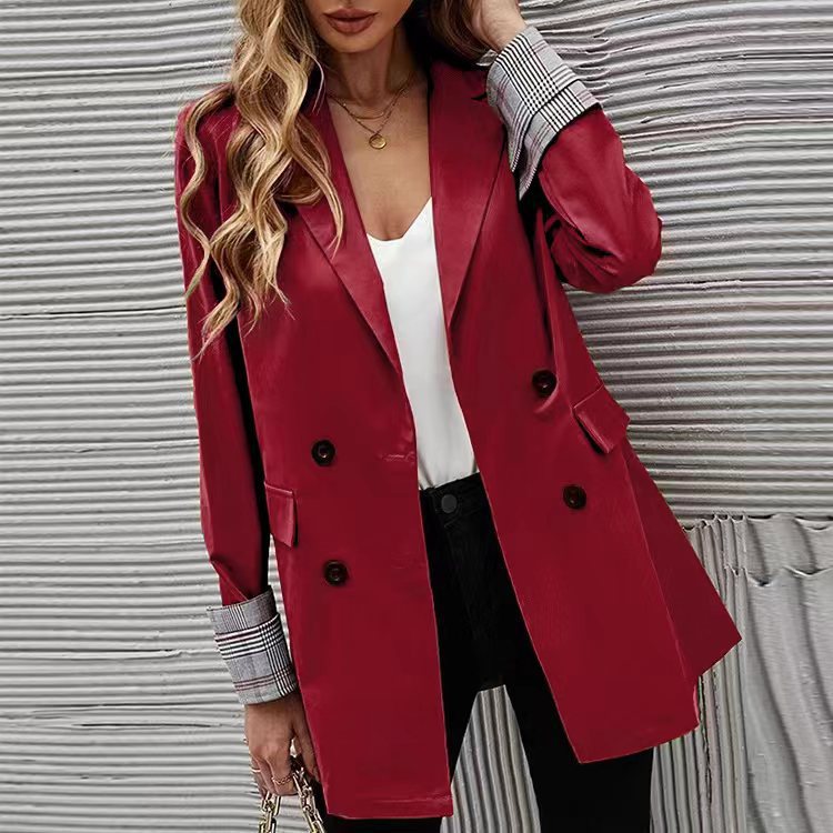 Elegant Double-Breasted Blazer with Plaid Detail