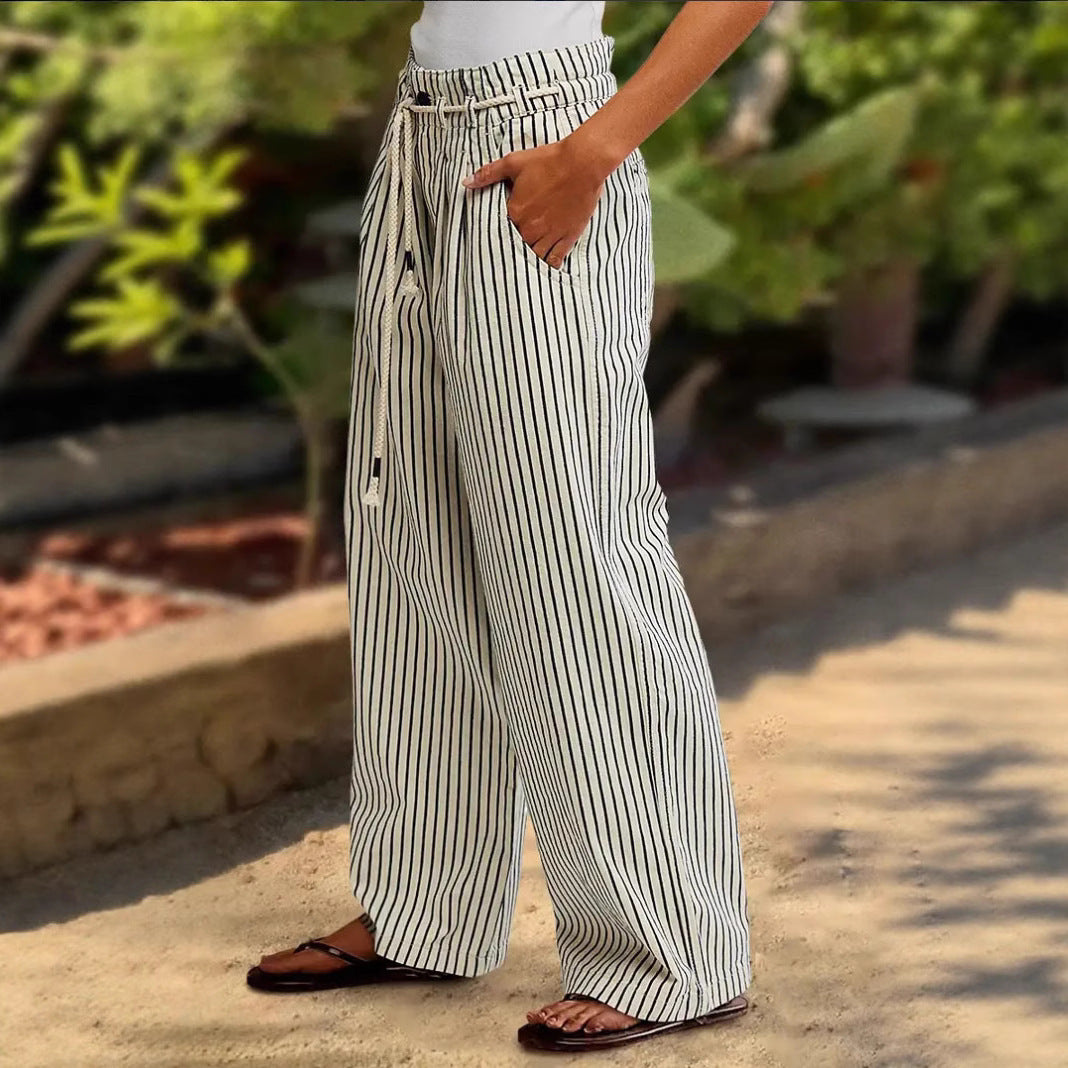 Women's Comfortable Beach Pants with Casual Stripe Pattern and Braided Waistband