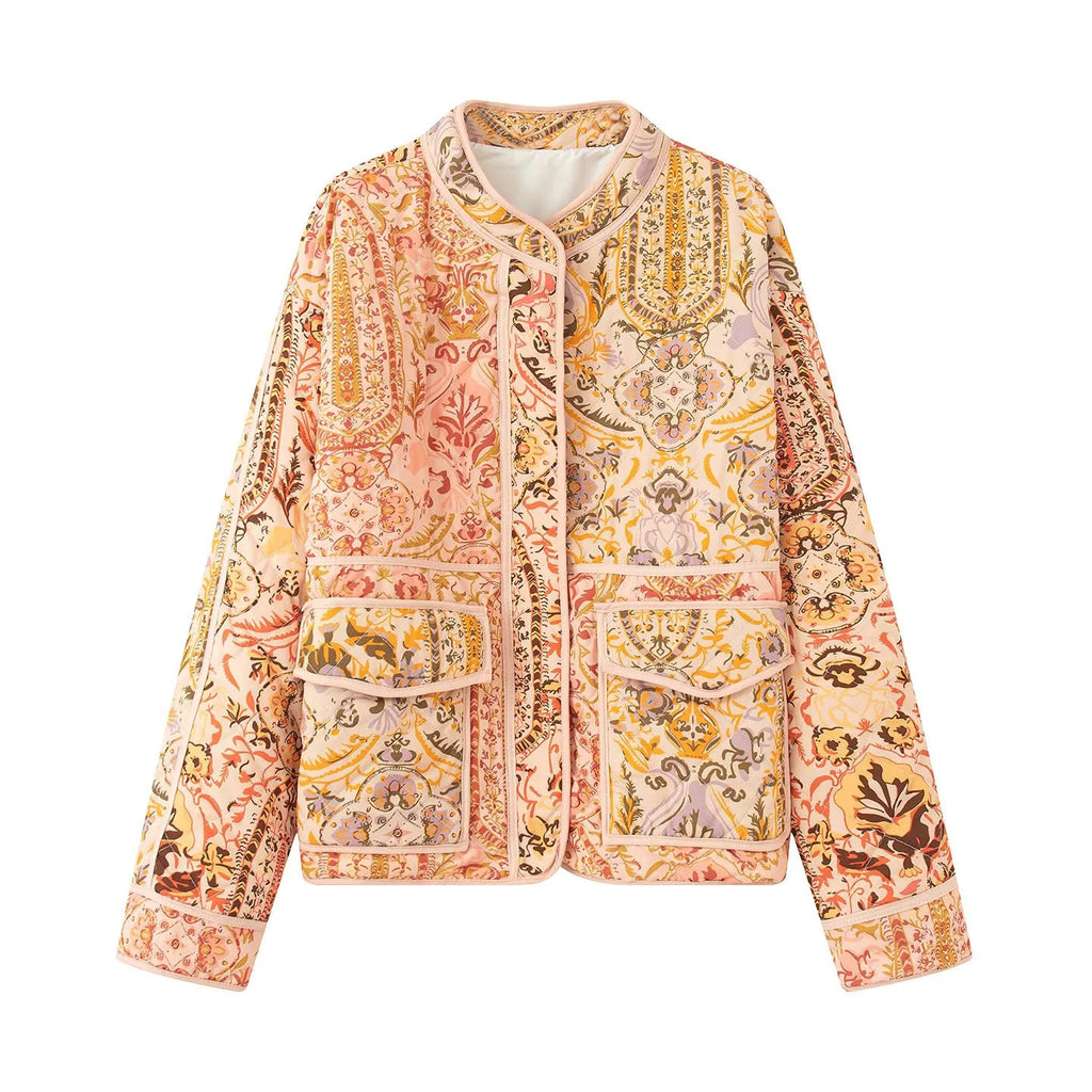 Women's Elegant Padded Jacket with Floral Pattern and Pockets