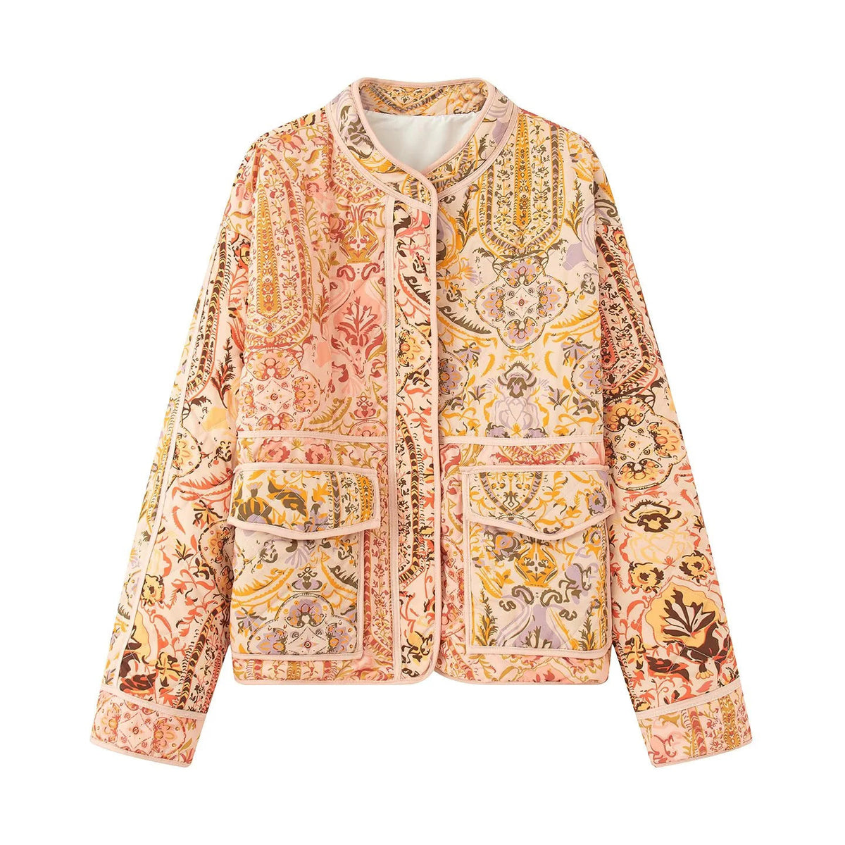 Women's Elegant Padded Jacket with Floral Pattern and Pockets