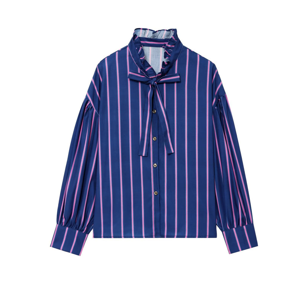 Women's Striped Long-Sleeve Blouse with Ruffled Collar