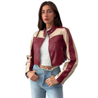 Women's Cropped Faux Leather Jacket with Contrasting Inserts