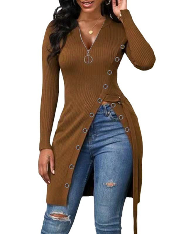 Women's Form-Fitting Wrap Shirt with Button Details and Deep V-Neck