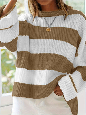 Women's Striped Knit Sweater with Wide Fit