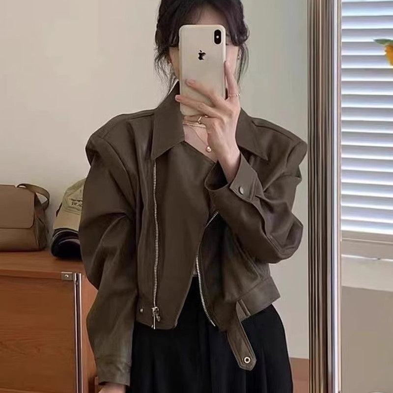 Women's Cropped Biker Jacket with Asymmetric Zipper