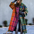 Women's Floral Print Maxi Coat with Elegant Lapel Collar and Flared Hem