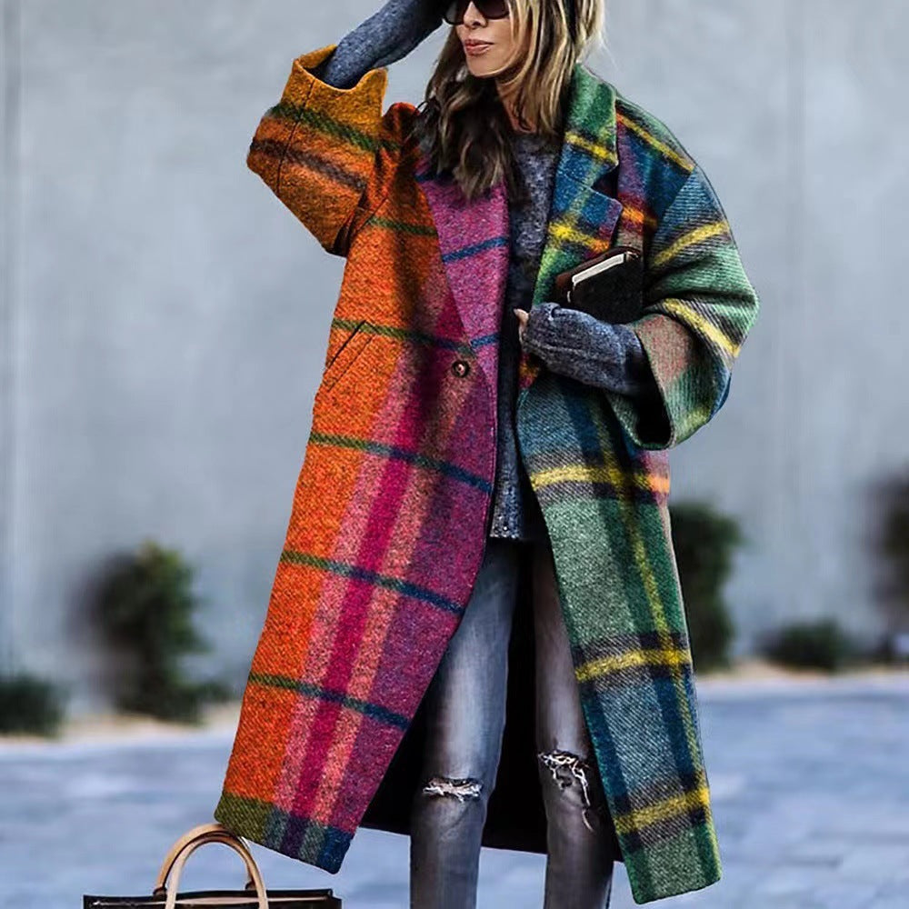 Women's Floral Print Maxi Coat with Elegant Lapel Collar and Flared Hem