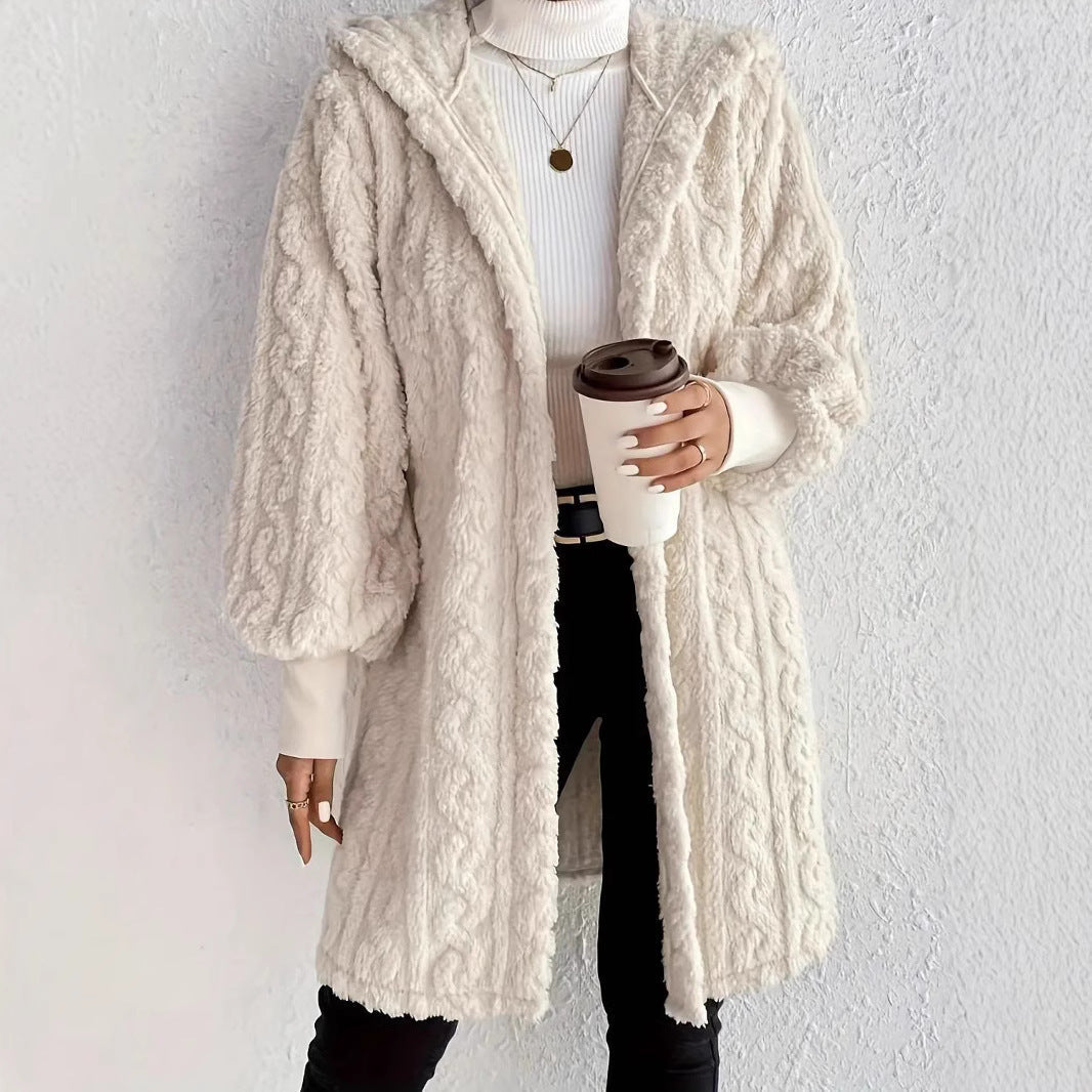 Women's Fluffy Oversized Cardigan with Hood and Pockets