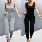 Women's Casual Jumpsuit with Adjustable Waist Drawstring and Slim Cuffs