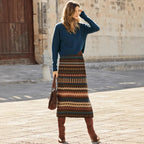 Women's Maxi Skirts with Modern Ethnic Pattern and Elastic Waistband