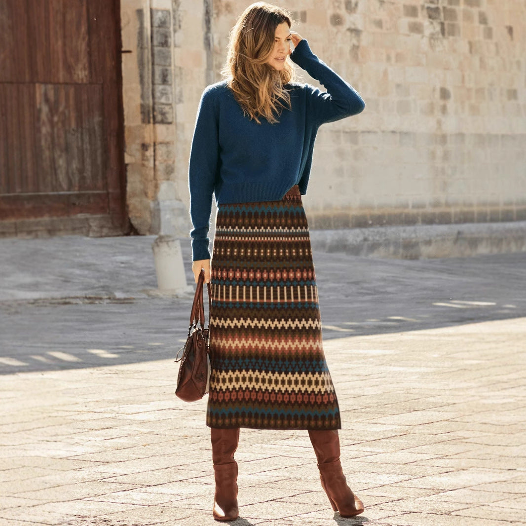 Women's Maxi Skirts with Modern Ethnic Pattern and Elastic Waistband