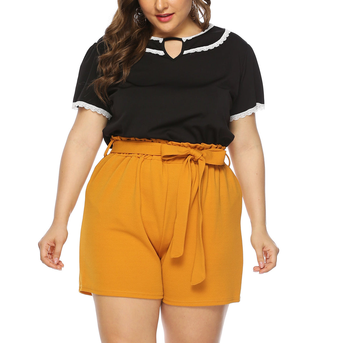 Women's Fashionable Top with Ruffle Sleeves and Elegant Shorts