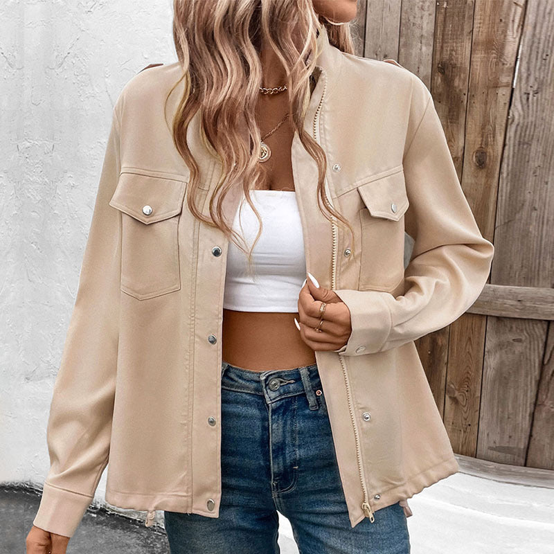 Women's Elegant Utility Jacket with Snap Details and Chest Pockets