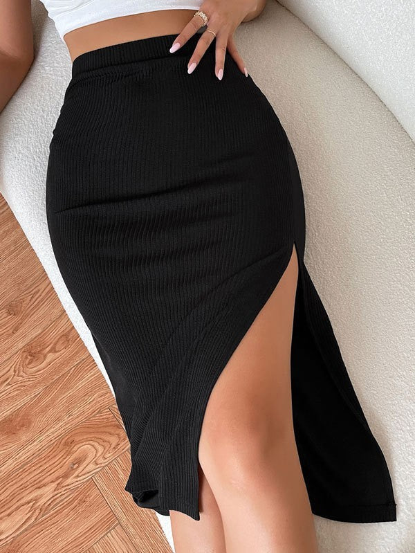 Women's Midi Skirt with High Slit and Ribbed Texture