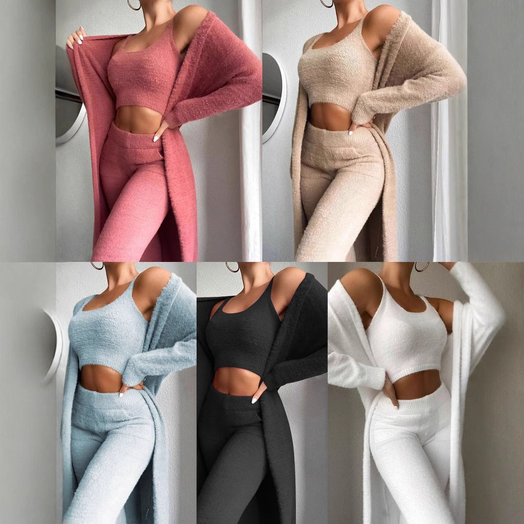 Women's Fashionable Lounge Set with Sleeveless Crop Top and Long Cardigan