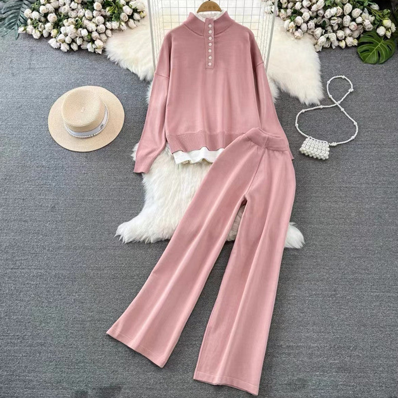 Women's Loungewear Set with Ribbed Texture and Button Detail