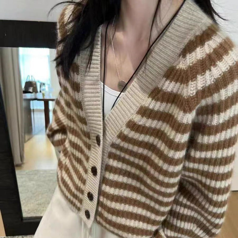 Women's Striped Cardigan with Wide Cut and Button Details
