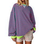 Women's Comfortable Striped Sweater with Raglan Sleeves and Elastic Cuffs