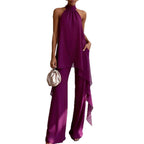 Evening Two-Piece Set with Gathered Mock Neck and Wide-Leg Trousers