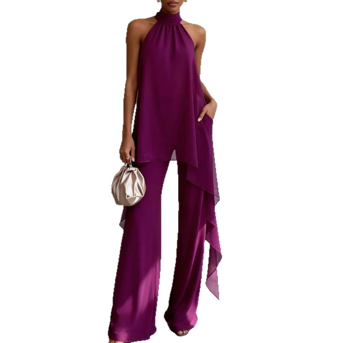 Evening Two-Piece Set with Gathered Mock Neck and Wide-Leg Trousers