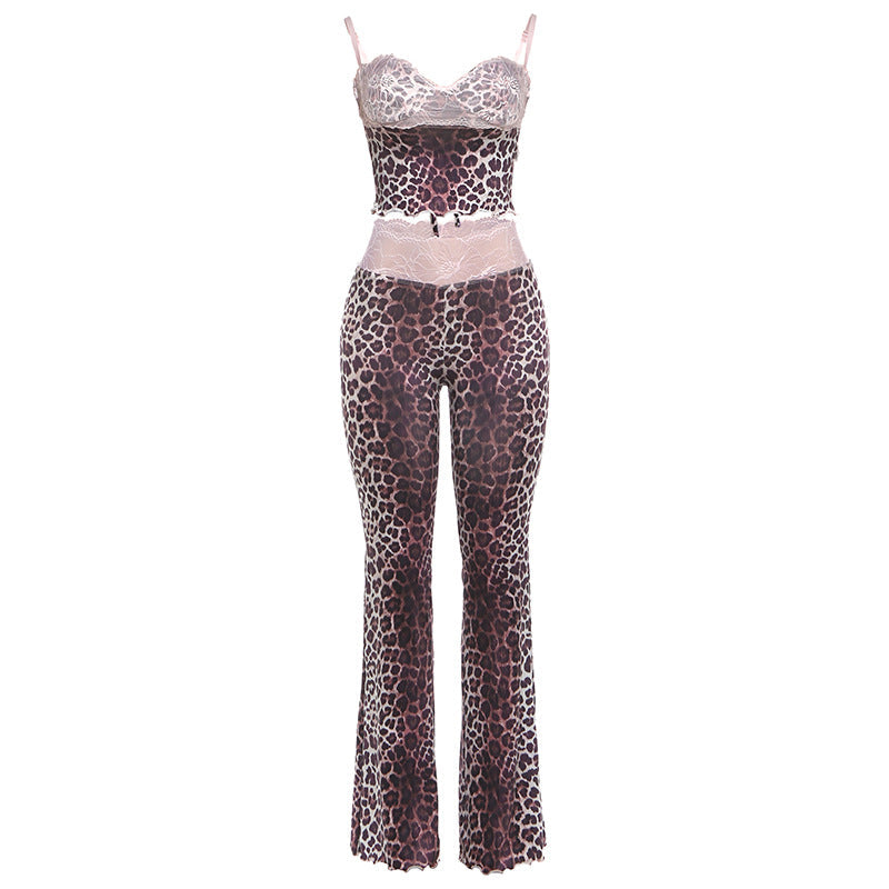 Women's Leopard Print Jumpsuit with Lace Straps