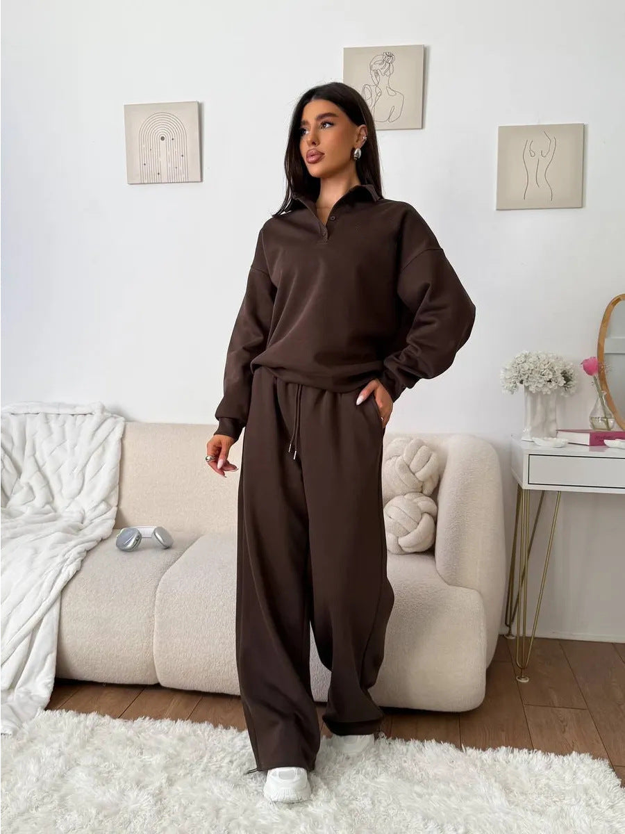 Women's wide Polo lounge set with elastic drawstring waistband and wide-leg jogging pants