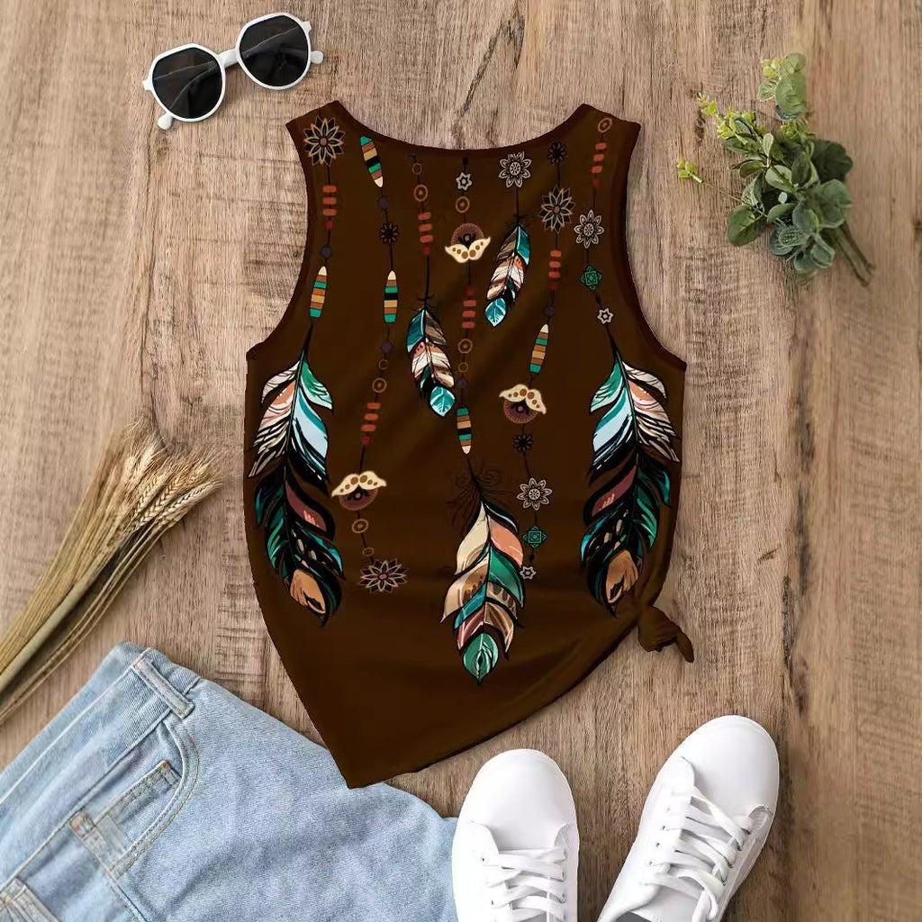 Sleeveless Top with Colorful Feather and Floral Print