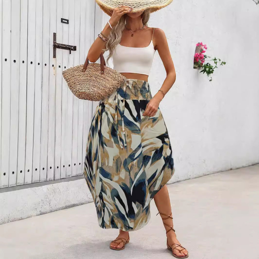 Women's Midi Skirt with Elastic Waistband and Floral Pattern