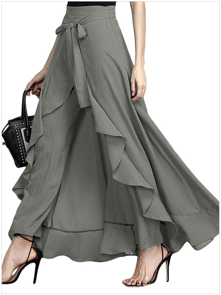 Women's Maxi Skirt with Voluminous Ruffles and Tie Closure