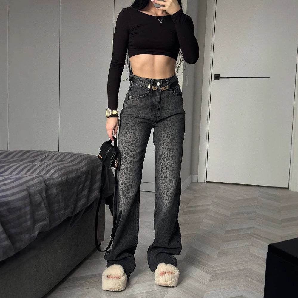 Women's High-Waist Leopard Print Jeans