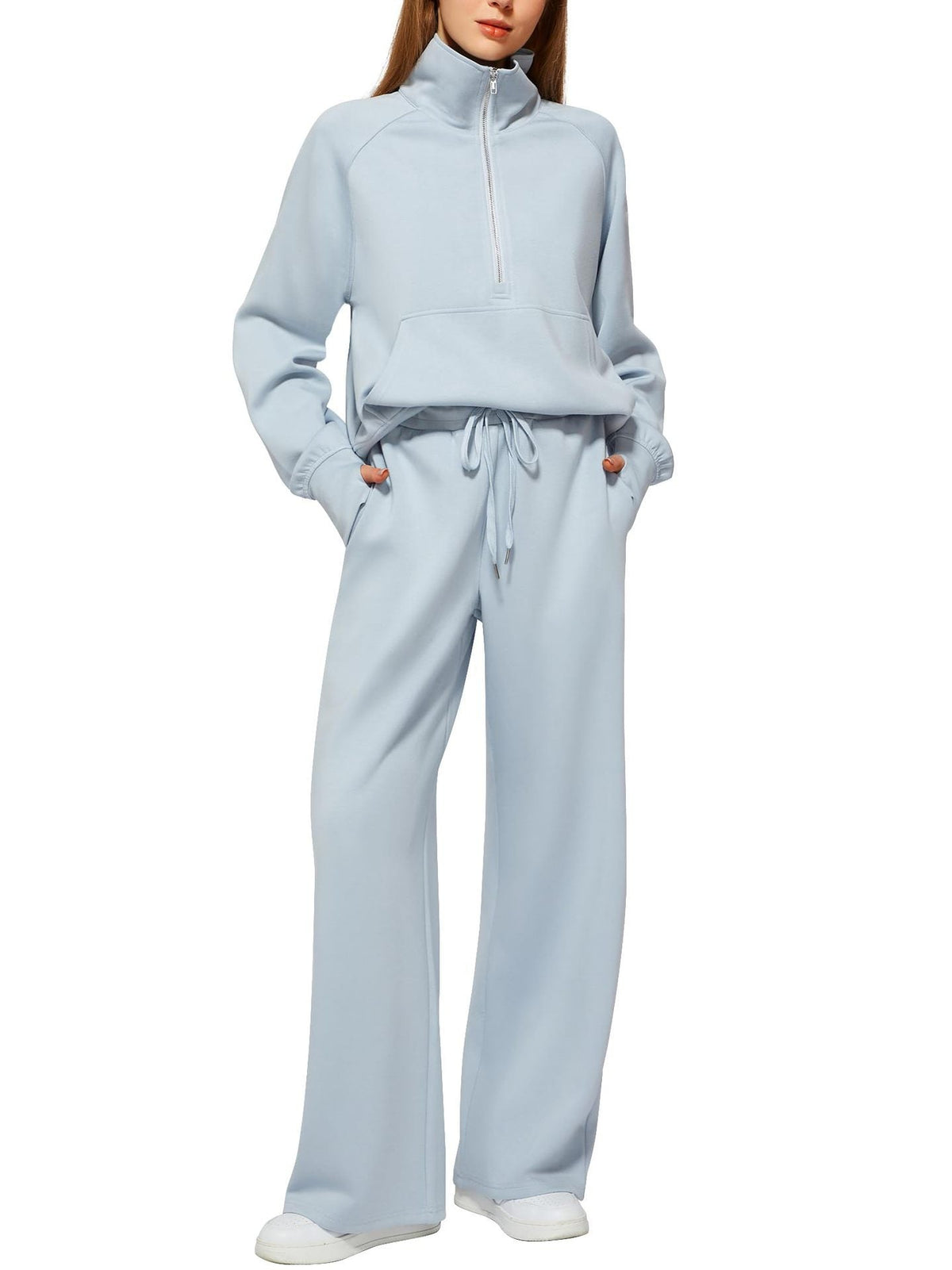 Women's Casual Sweatpants Suit with High Collar and Kangaroo Pocket