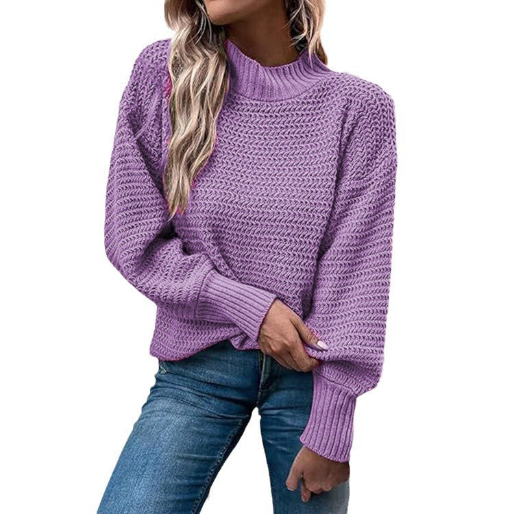 Women's Chunky Knit Sweater with High Collar and Balloon Sleeves