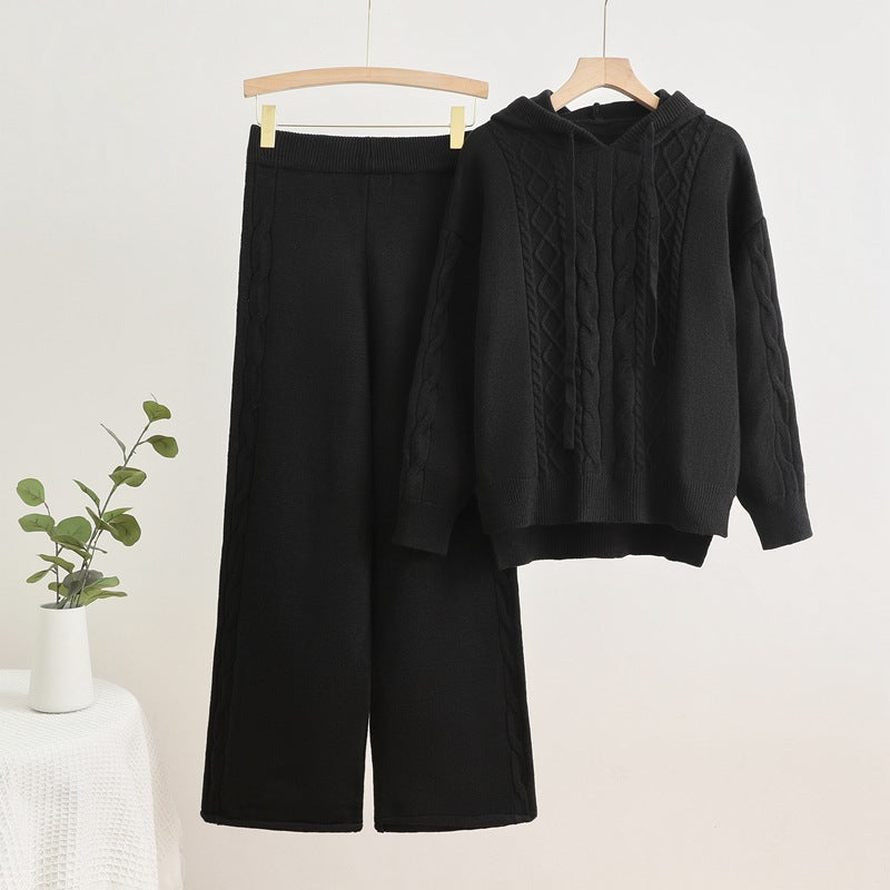 Women's Casual Knit Loungewear Set with Hood and Wide Legs
